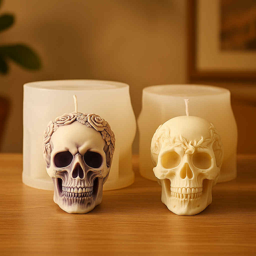 Two skull-shaped candles on a wooden surface with a warm background