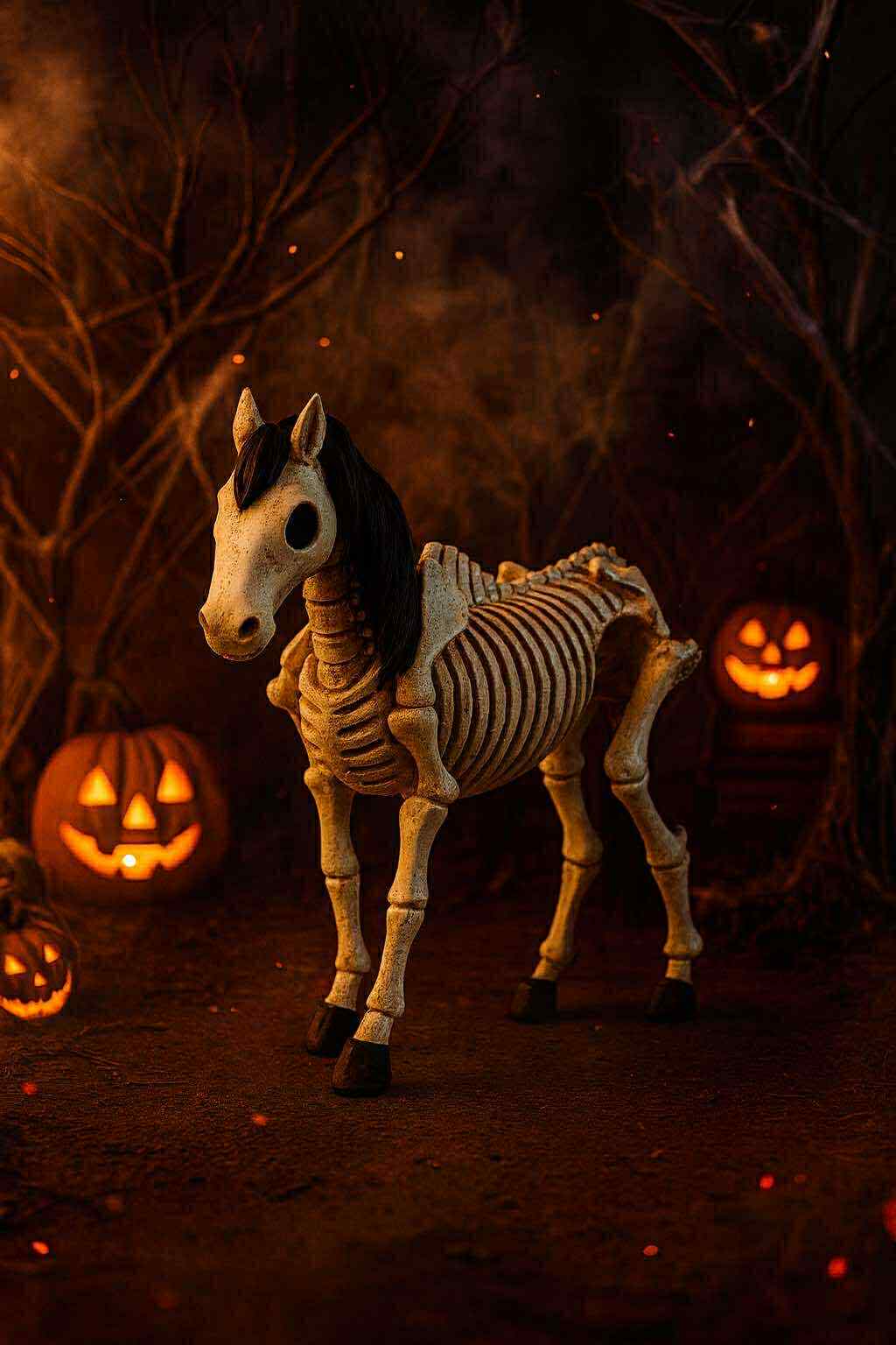 Halloween-themed horse skeleton figure with jack-o'-lanterns in a dark forest setting
