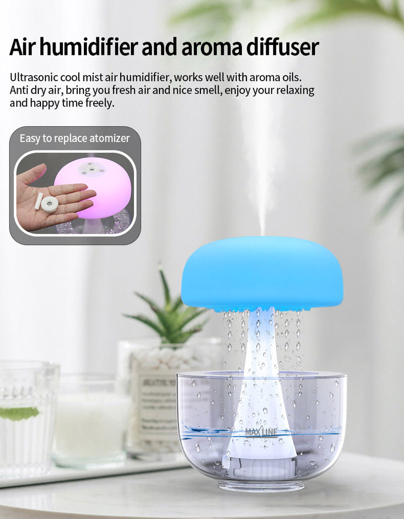 Air humidifier and aroma diffuser with blue top and glass base on a white surface.
