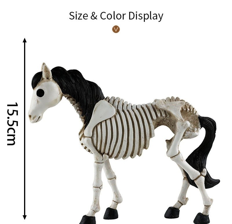 Horse skeleton model with measurement details on a white background