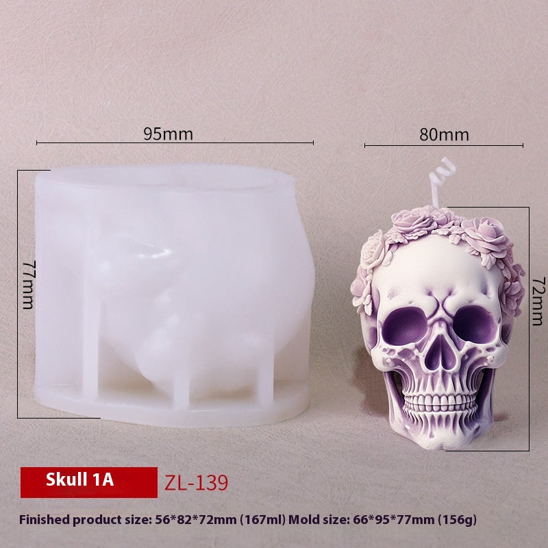 Silicone mold shaped like a skull with floral design and measurements on a beige background