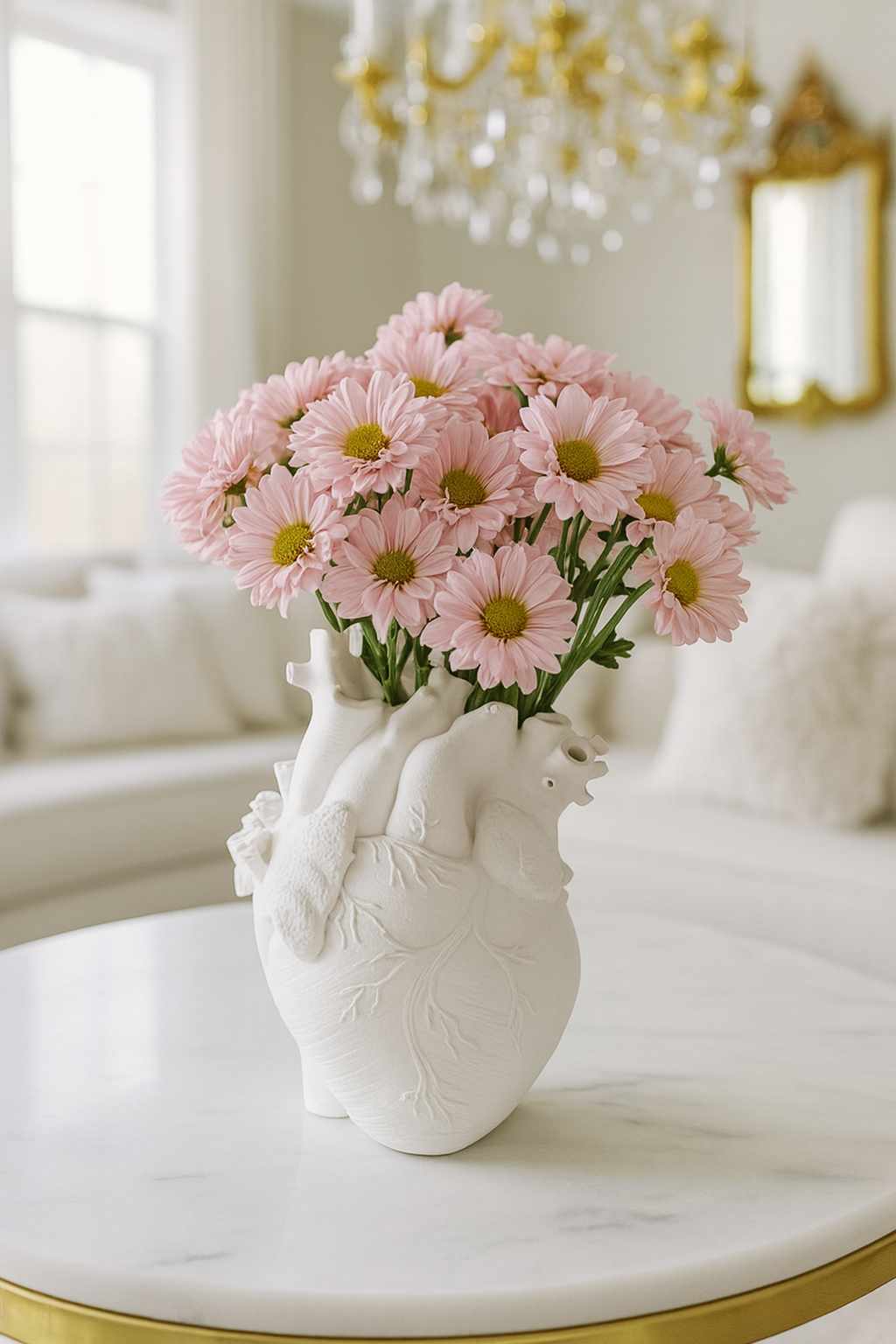 White ceramic vase with pink flowers on a marble table in a stylish room.