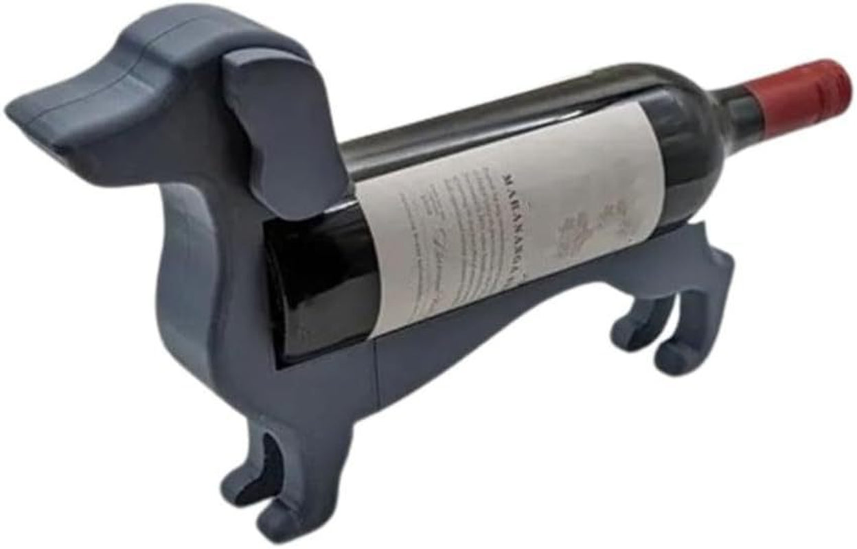 Dog-shaped wine bottle holder with a wine bottle on a white background