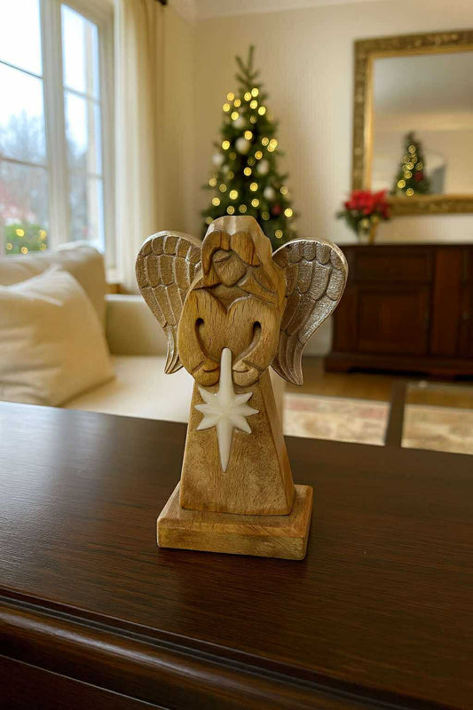 Mango Wood Peace Angel with Metal Wings and Star Detail for Christmas Serenity