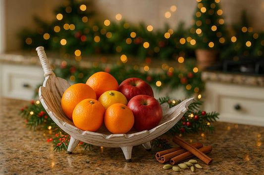 Coconut Leaf Fruit Bowl – Rustic Whitewash Centrepiece for a Cosy Christmas Home