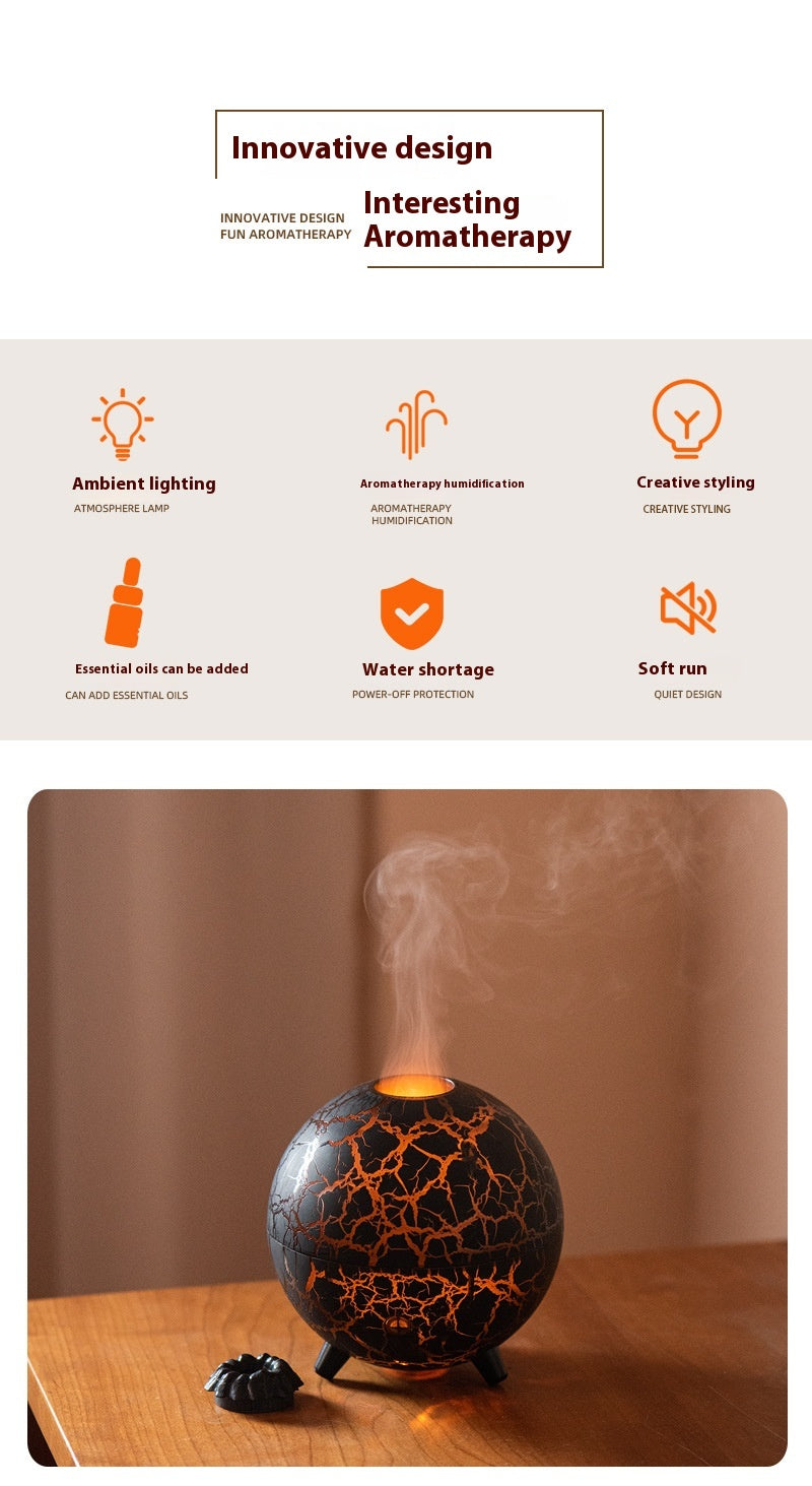 Aromatherapy diffuser with crackled design on a wooden surface, featuring text about its features.