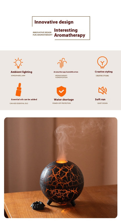 Aromatherapy diffuser with crackled design on a wooden surface, featuring text about its features.