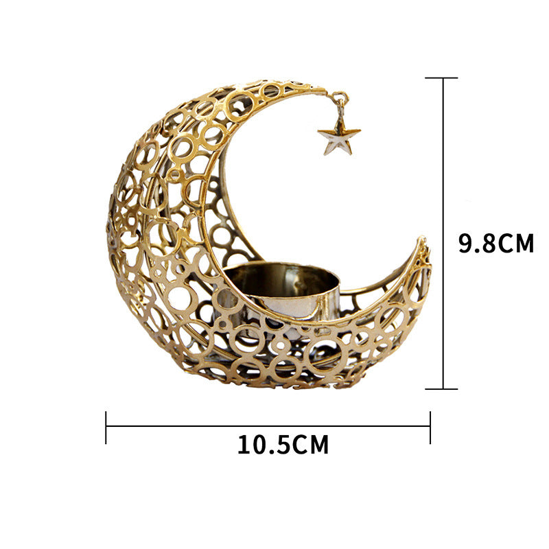Decorative gold candle holder shaped like a crescent moon with star, shown with dimensions on a white background.