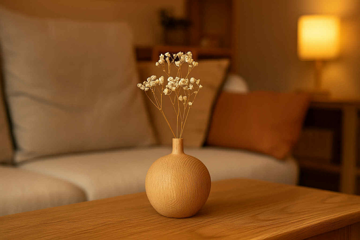 Wooden vase with dried flowers on a wooden table in a cozy living room.