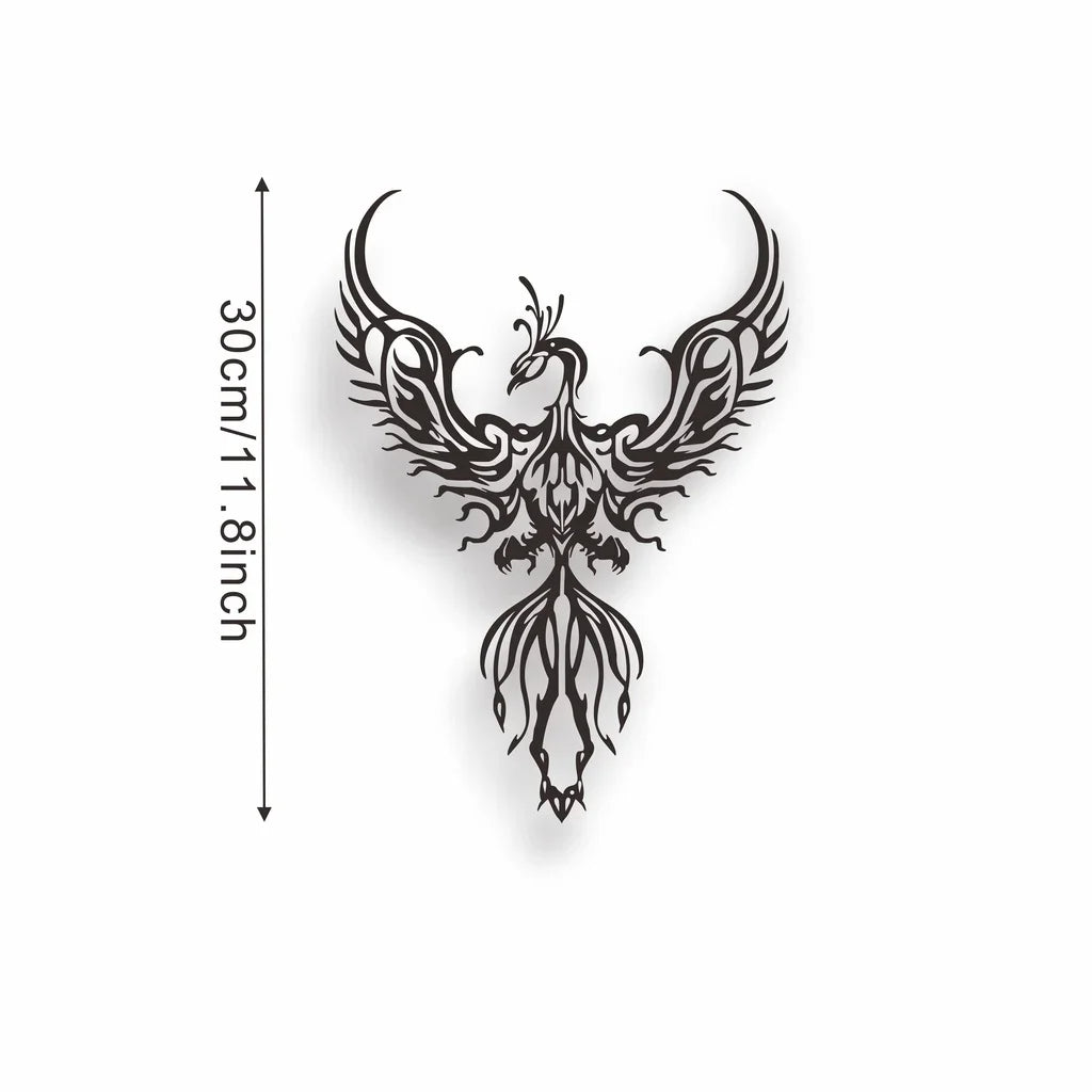 Tattoo design of a phoenix with measurements on a white background