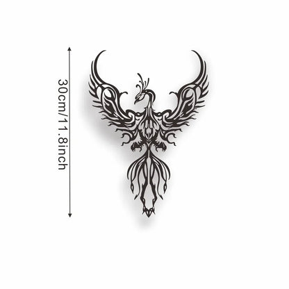 Tattoo design of a phoenix with measurements on a white background
