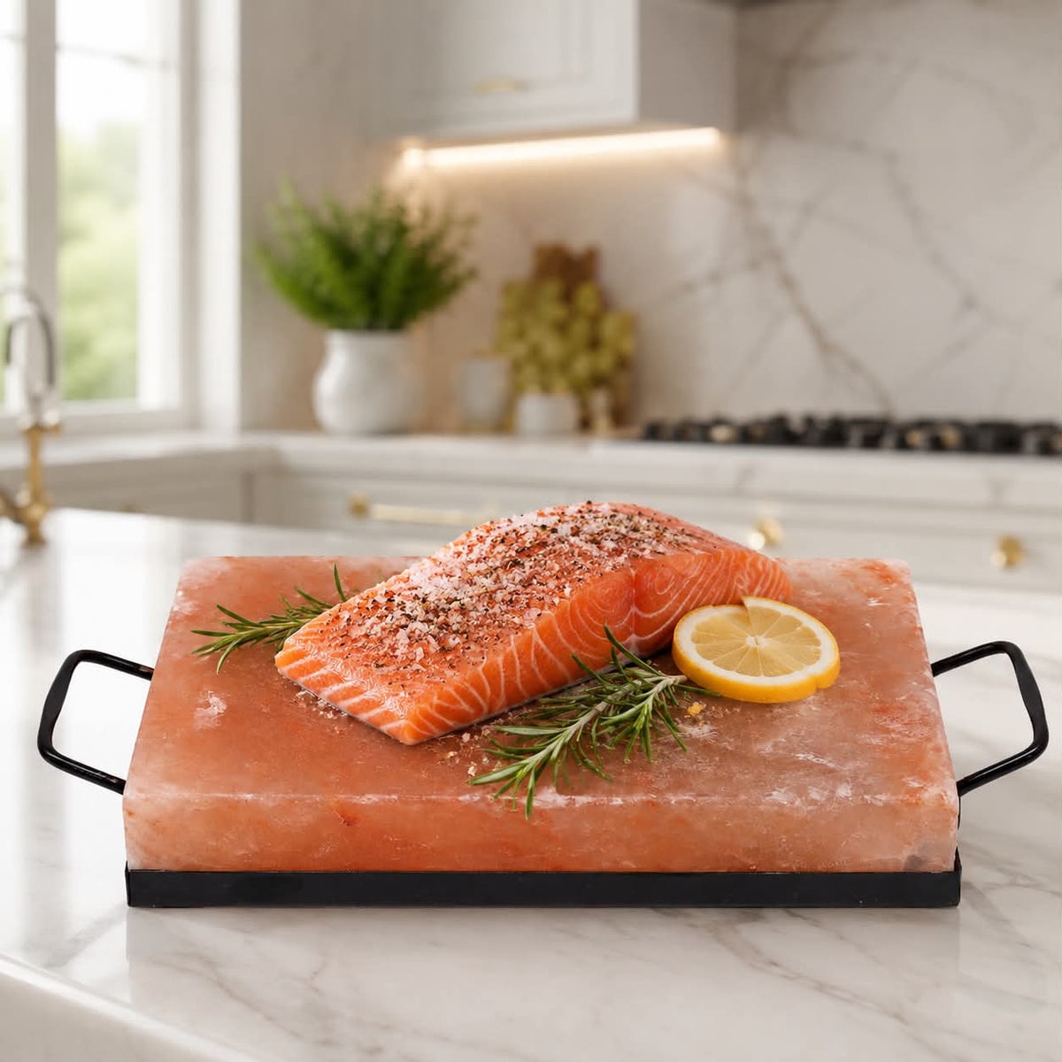 A raw salmon fillet sits on a rectangular pink salt stone platter with black handles, garnished with rosemary and a lemon slice, set on a marble kitchen countertop.