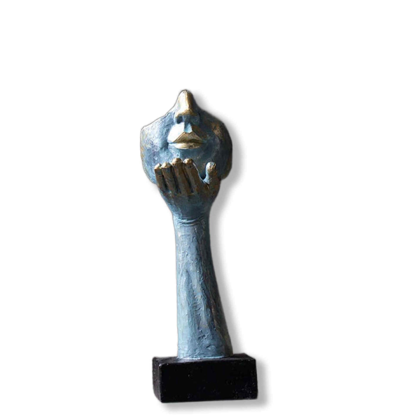 Decorative object resembling a hand holding a mask on a white background