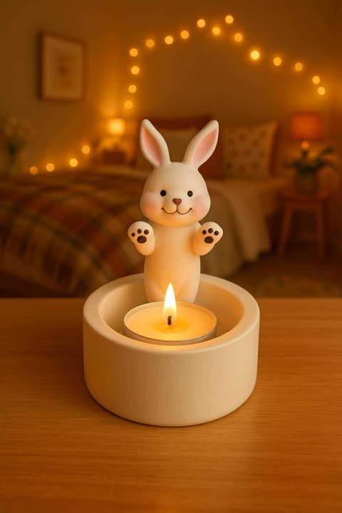 Candle with a rabbit-shaped holder on a wooden surface, cozy bedroom setting with string lights.