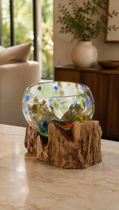 Molten Coloured Glass on Wood - Small Bowl