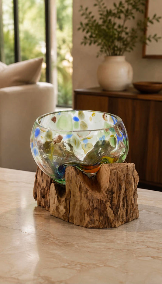 Molten Coloured Glass on Wood - Small Bowl