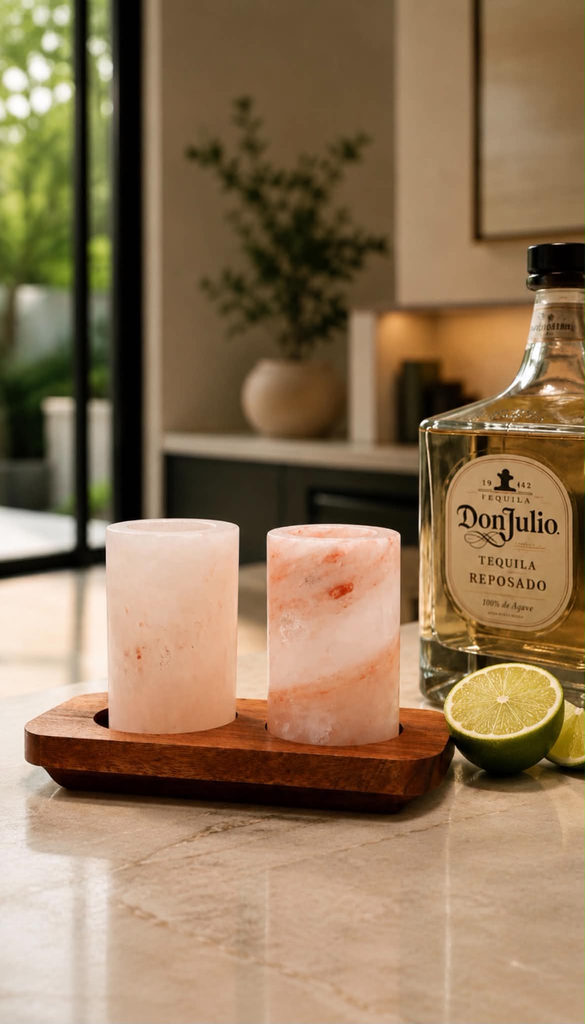 Set of 2 Himalayan Salt Shot Glasses & Wood Serving Stand