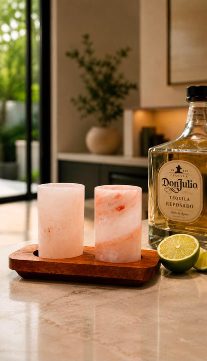 Set of 2 Himalayan Salt Shot Glasses & Wood Serving Stand