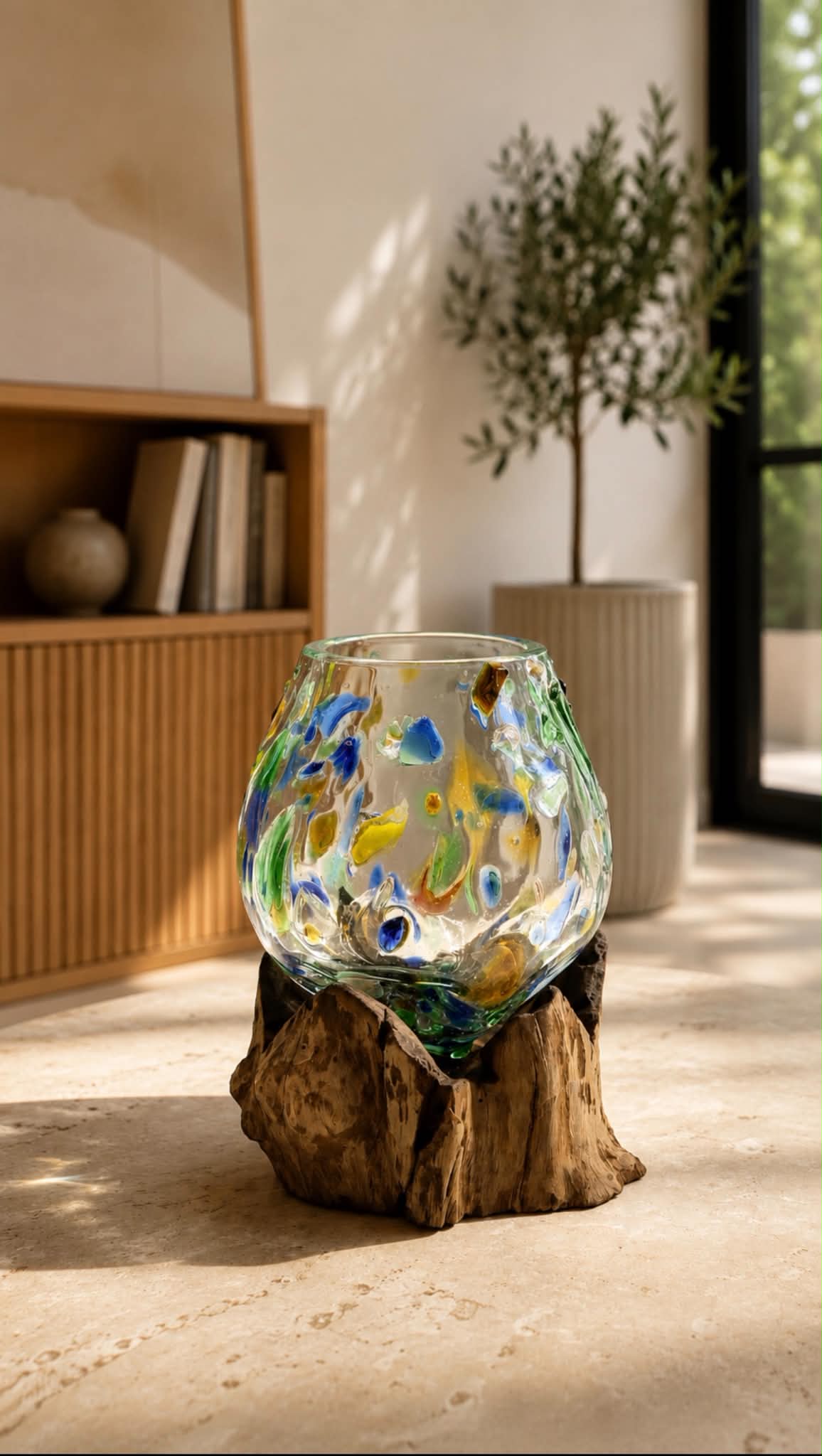 Molten Coloured Glass on Wood - Medium Bowl