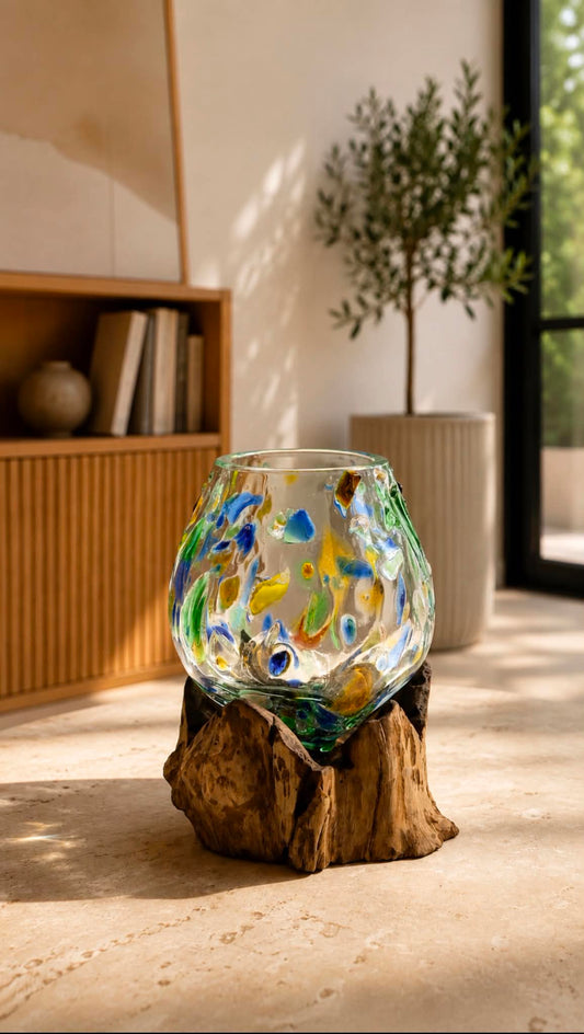 Molten Coloured Glass on Wood - Medium Bowl