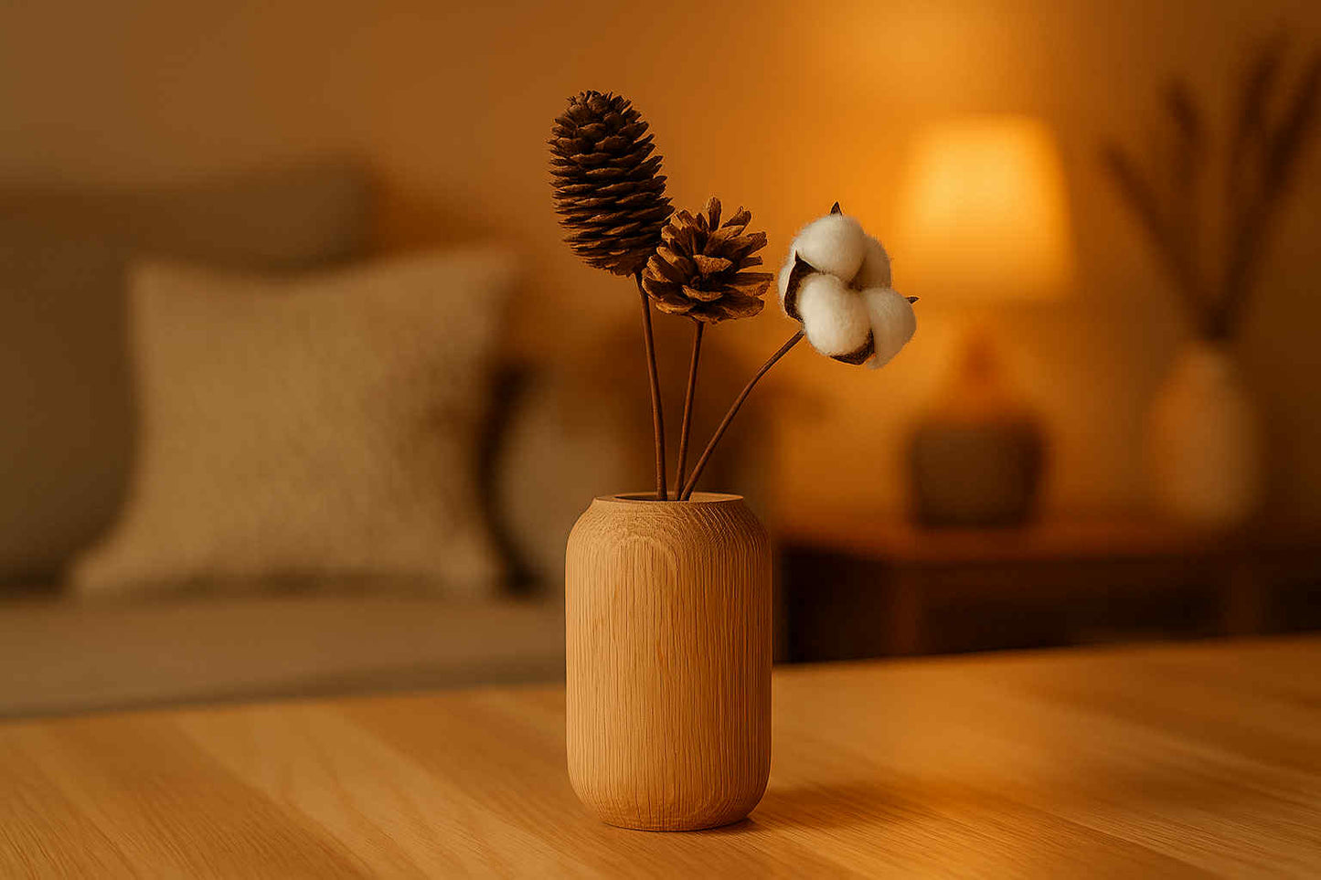Wooden vase with decorative elements on a wooden table in a warm-toned room.