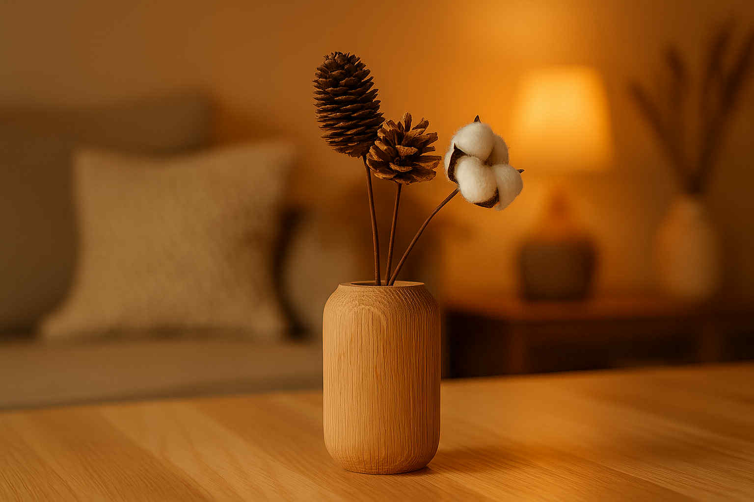 Wooden vase with decorative elements on a wooden table in a warm-toned room.