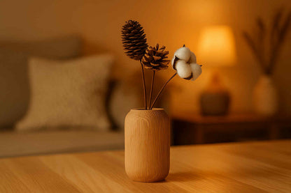 Wooden vase with decorative elements on a wooden table in a warm-toned room.