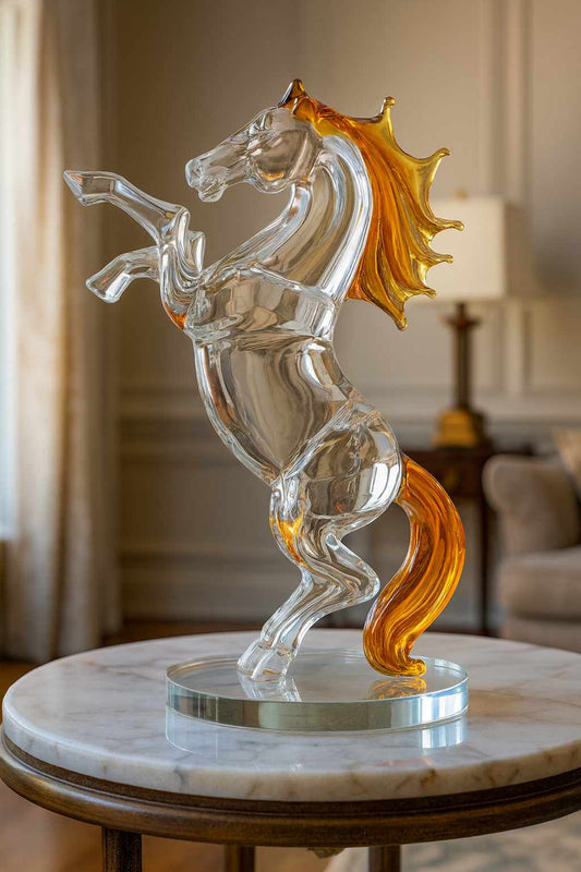Glass horse sculpture with a gold mane on a marble table in a room setting