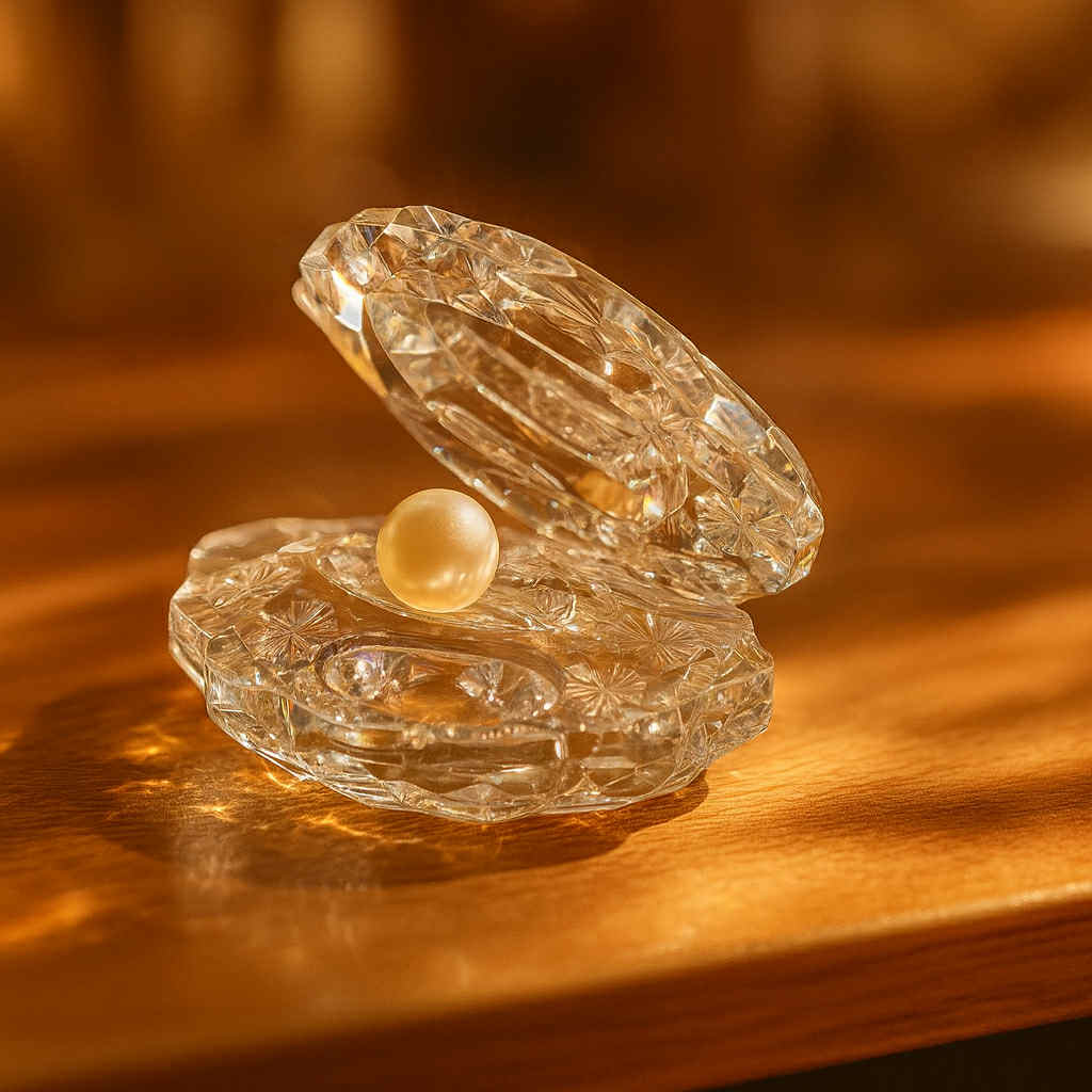 Decorative crystal object on a wooden surface with warm lighting