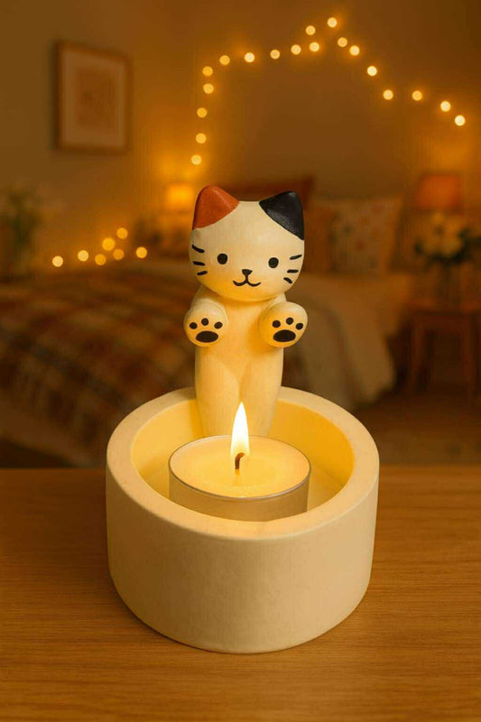 Cat-shaped candle holder with a lit candle on a wooden surface, with a cozy room background.