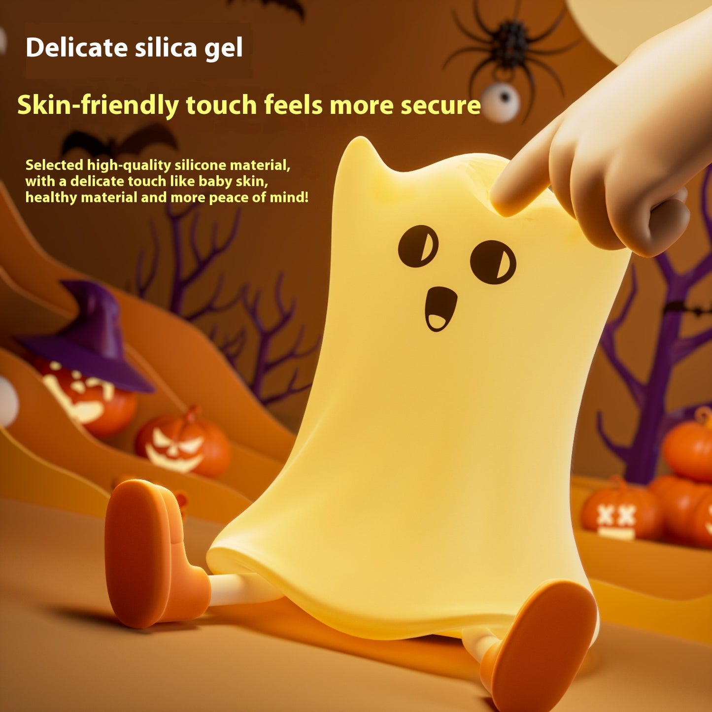 Silicone ghost toy with Halloween-themed background