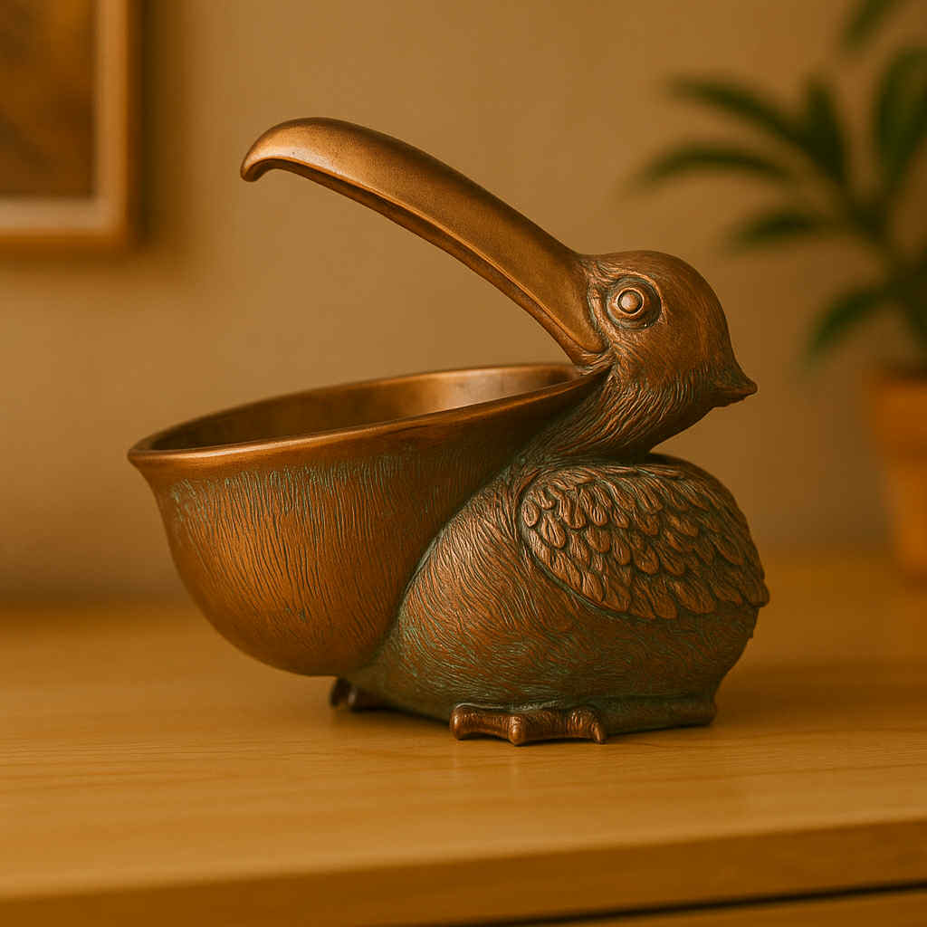 Bronze bird-shaped container on a wooden surface with a warm background