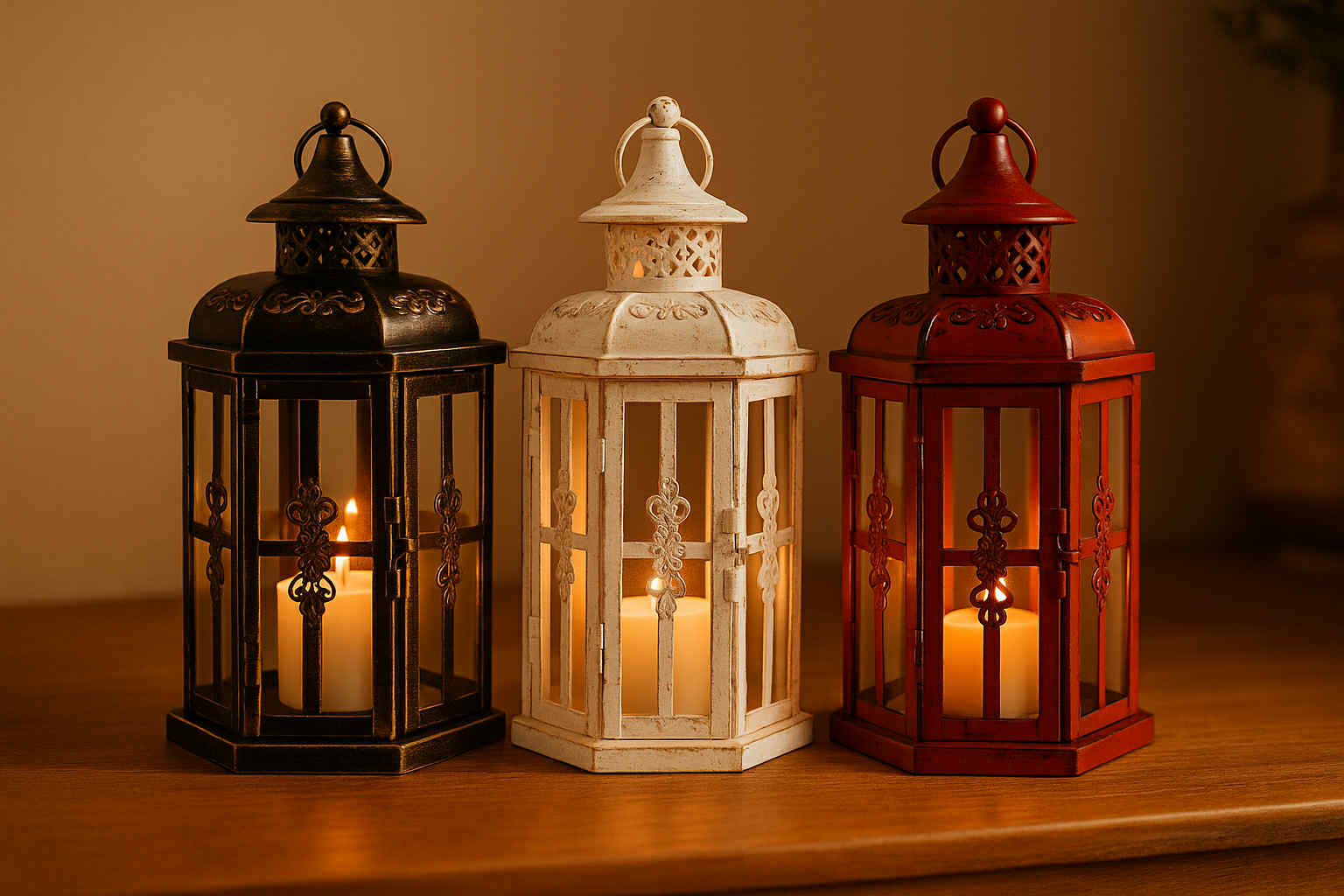 Three lanterns with candles inside on a wooden surface.