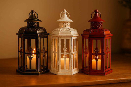 Three lanterns with candles inside on a wooden surface.