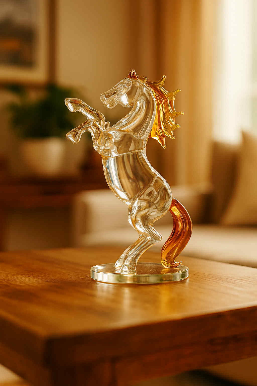Glass horse figurine on a wooden surface with a blurred indoor background