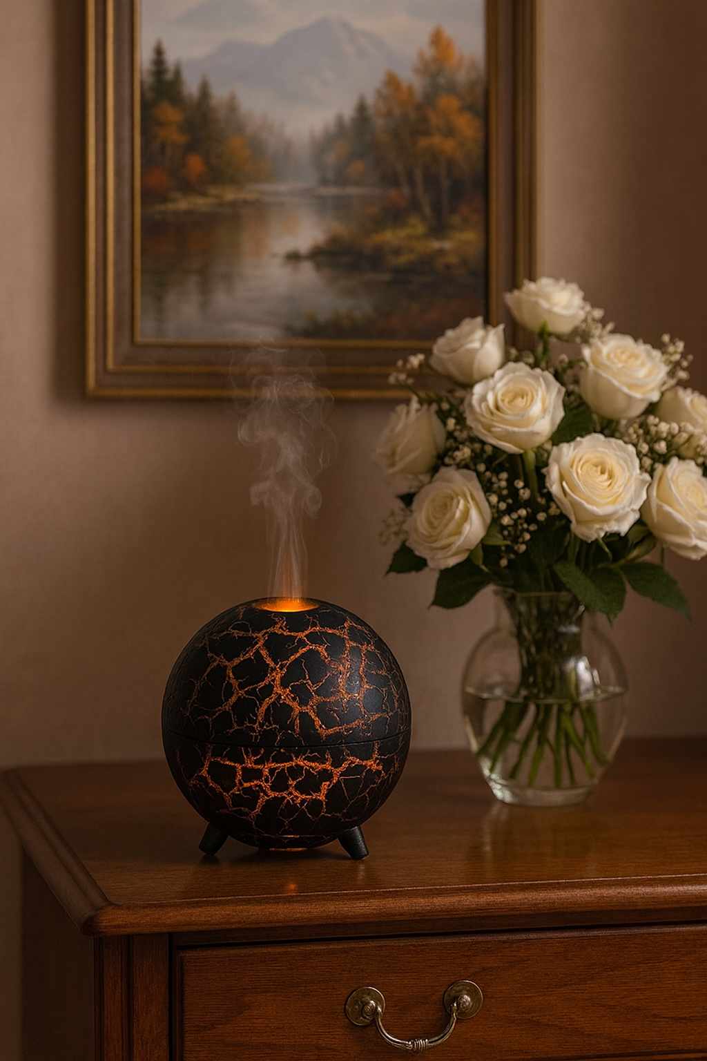 Aromatherapy diffuser with crackled design and white roses in a vase on a wooden surface.