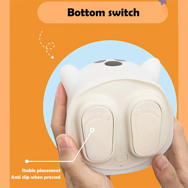 White electronic sensor device held by a hand on an orange background, labeled 'Bottom switch'.