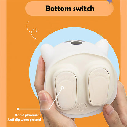 White electronic sensor device held by a hand on an orange background, labeled 'Bottom switch'.