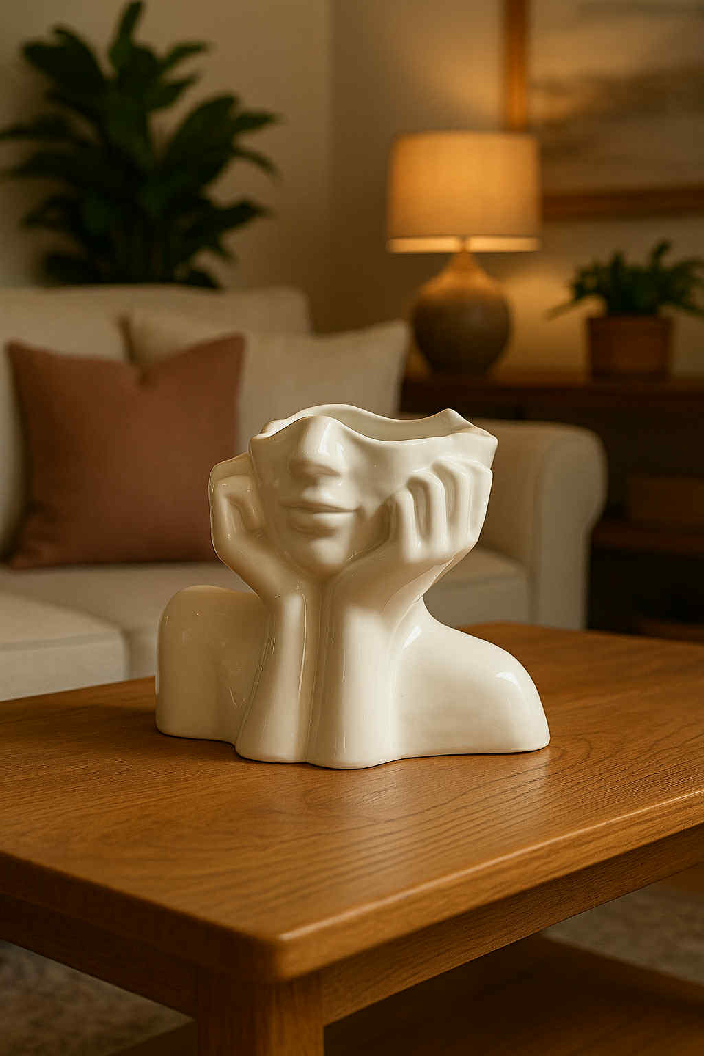 Decorative vase shaped like a face on a wooden table in a living room setting.
