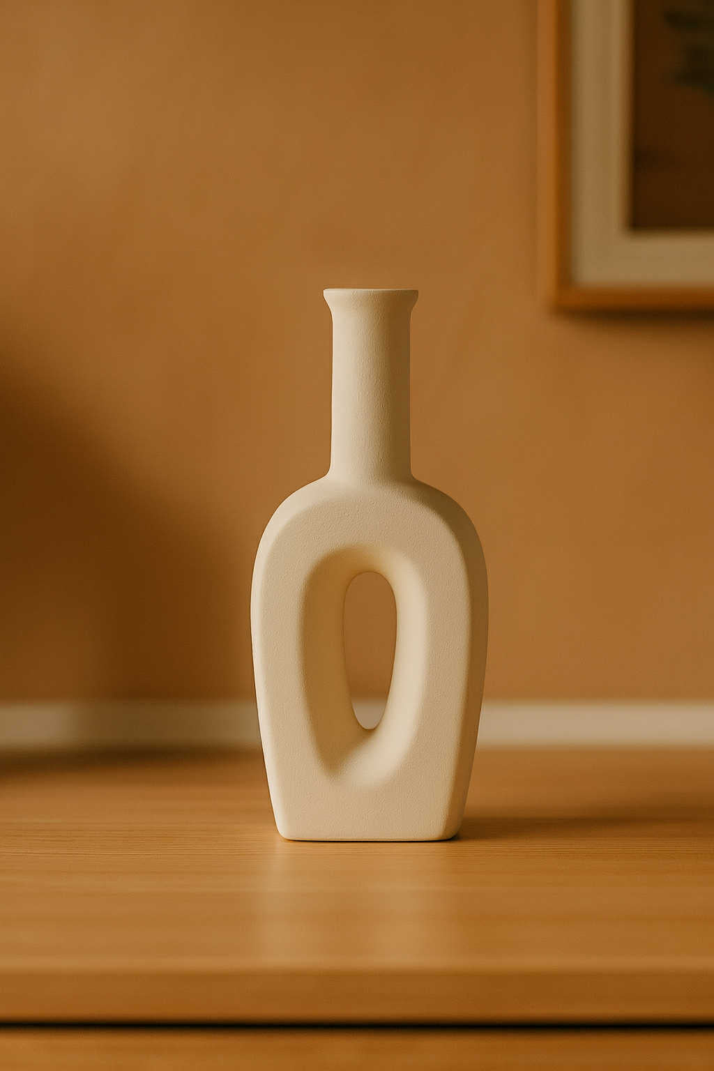 White ceramic vase on a wooden surface with a warm brown background
