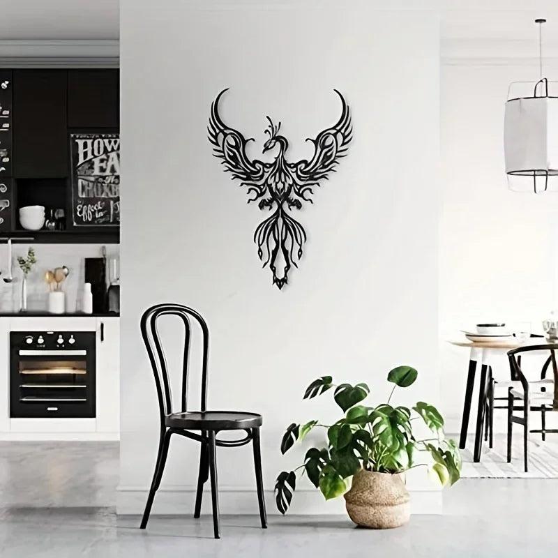 Black phoenix wall decal on a white wall in a modern kitchen.