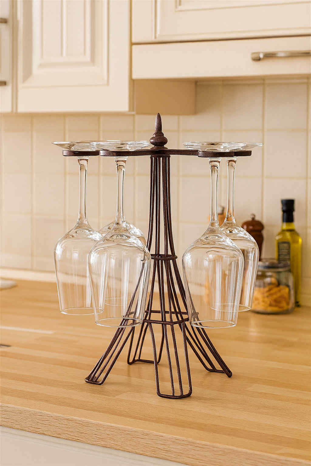 Wine glass stand with glasses on a kitchen counter