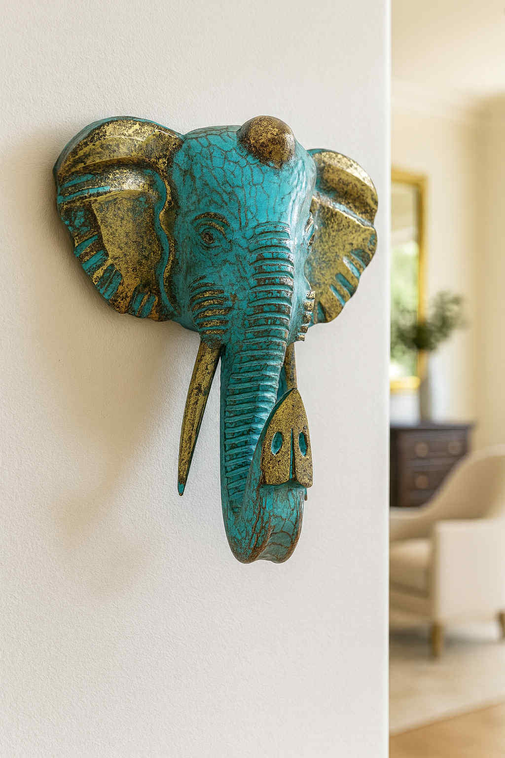 Large Elephant Head - Gold & Turquoise