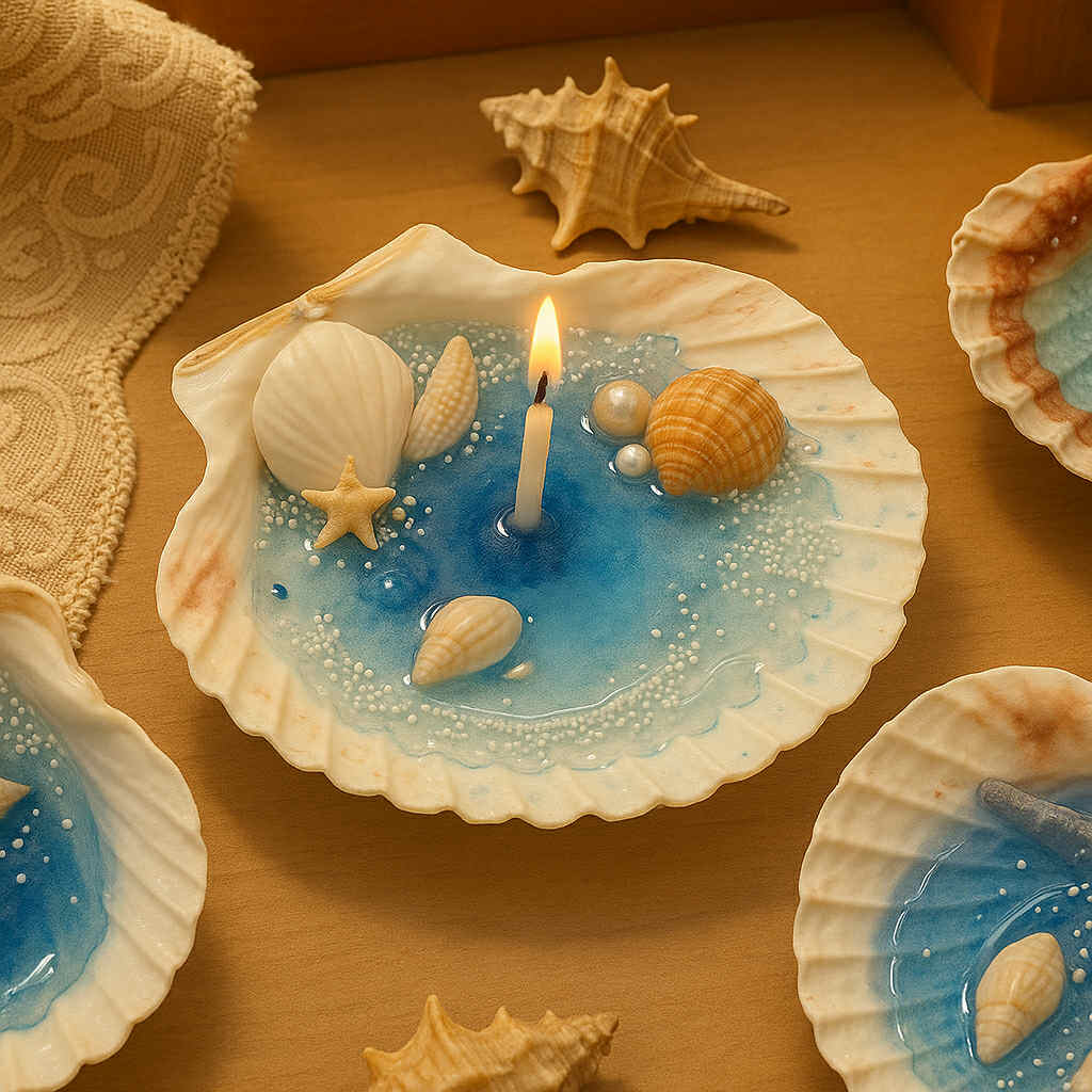 Decorative candle in a shell with seashells and starfish on a textured surface