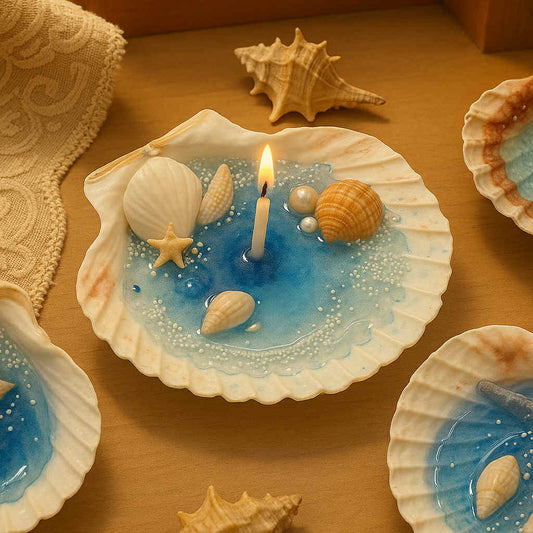 Decorative candle in a shell with seashells and starfish on a textured surface