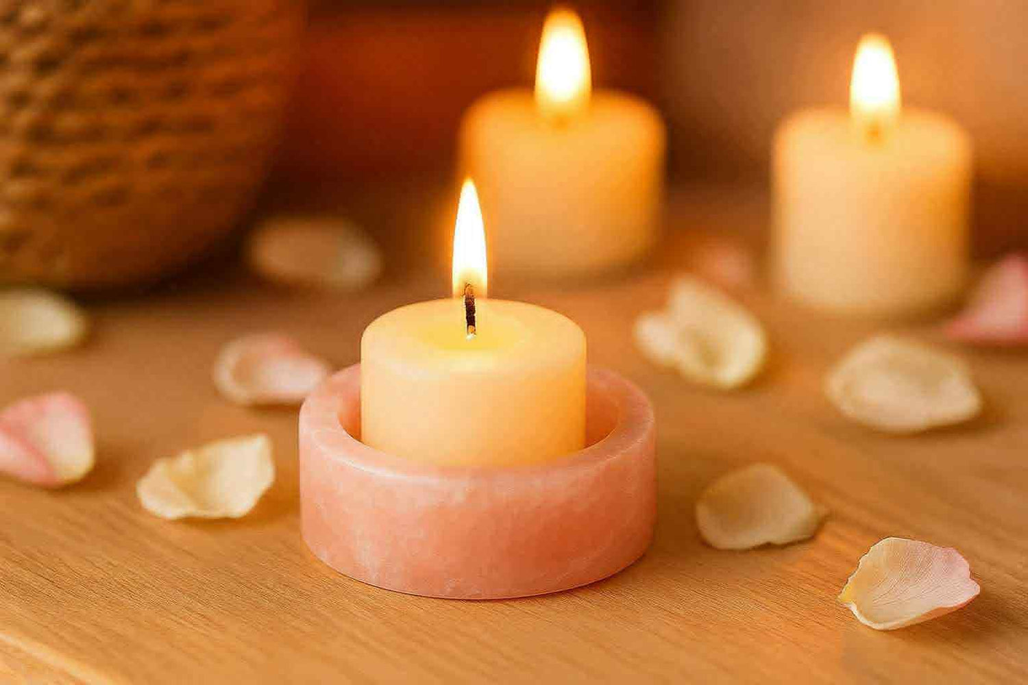 Candle in a pink holder with other candles and petals on a wooden surface