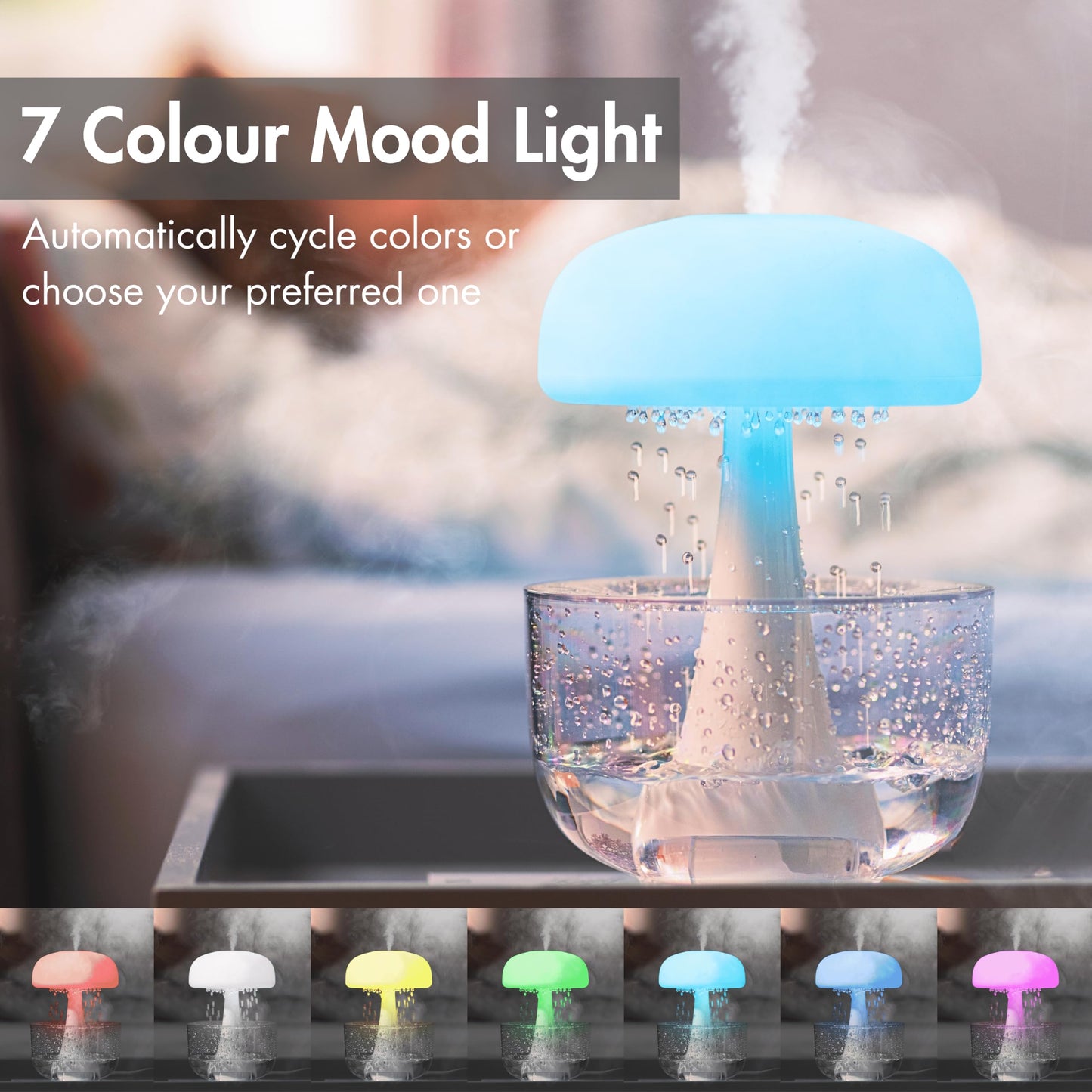 7-color mood light with water droplets on a blurred background