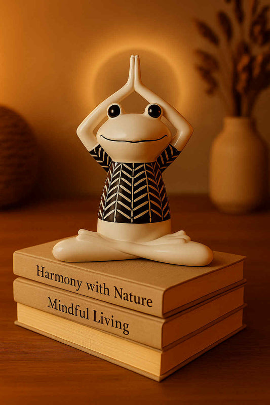 Decorative figurine of a frog in a meditative pose on books with text, set against a warm-toned background.