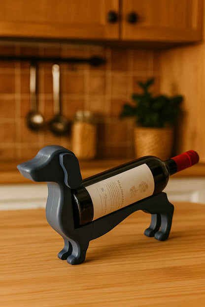Dog-shaped wine bottle holder on a kitchen counter with a bottle of wine inside.