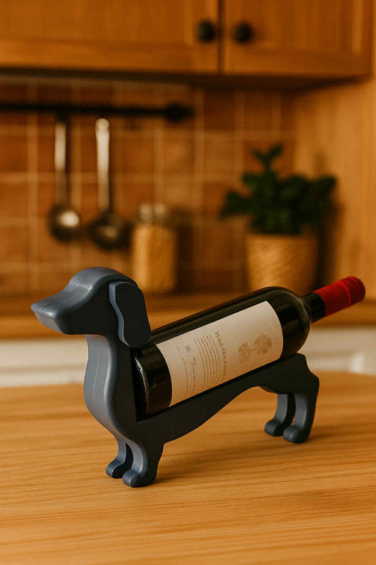 Dog-shaped wine bottle holder on a kitchen counter with a bottle of wine inside.